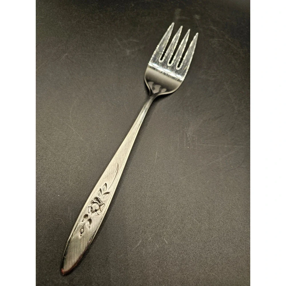 Vintage Stainless Steel Floral Rose Cold Meat Serving Fork Silverware Flatware